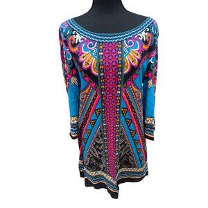 Flying Tomato Women Long Sleeve Boho Shift Dress L Cottage Core Retro Hippie 60s